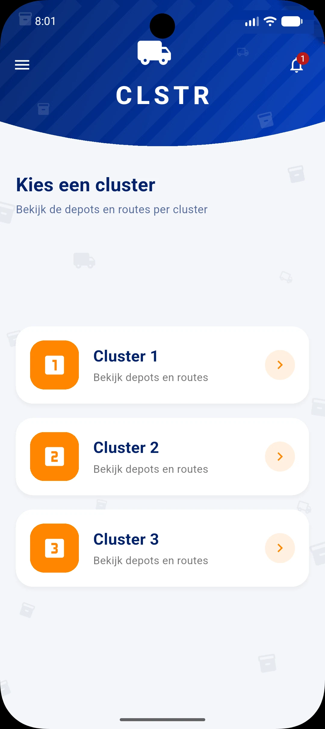 CLSTR driver app: choose a cluster