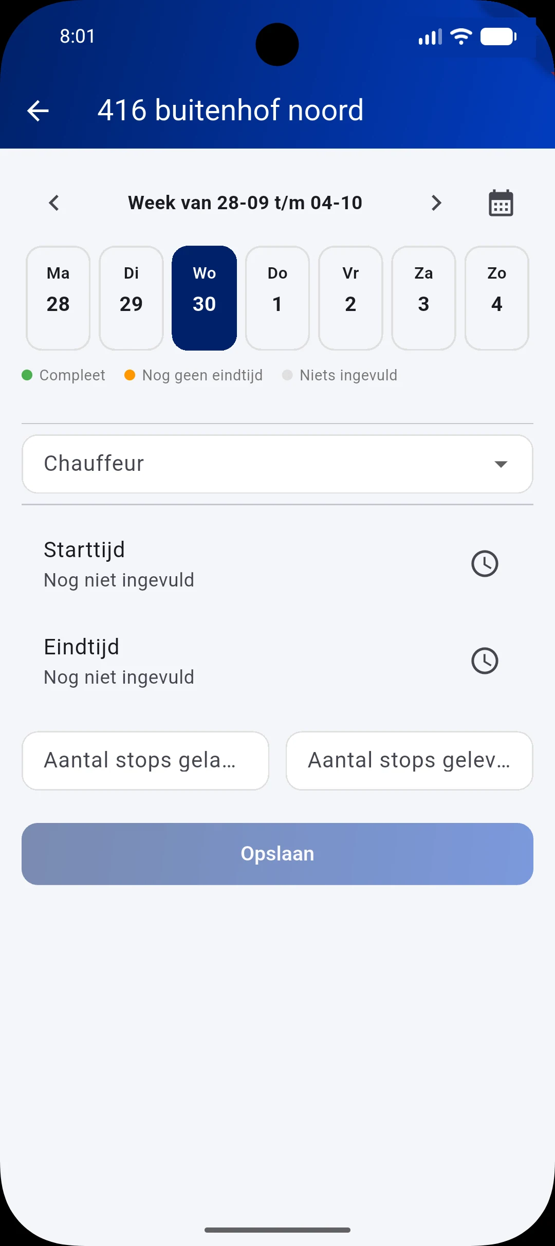 CLSTR driver app: register driver, start and end time and stops for a route