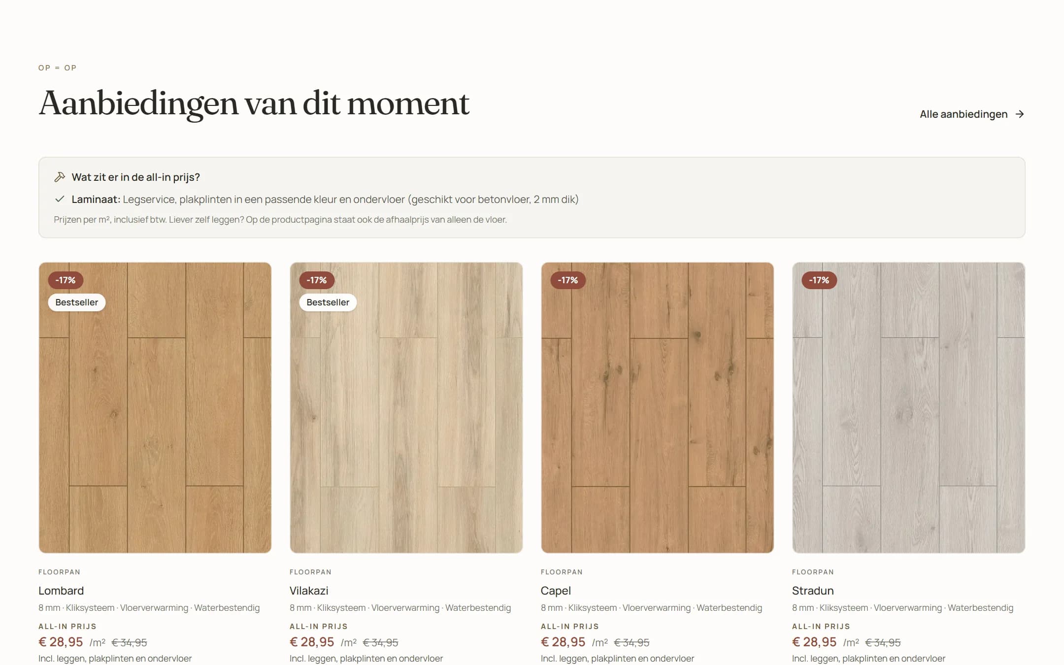 Product grid 'Aanbiedingen van dit moment' with four laminate floors, discount labels and all-in prices per square metre