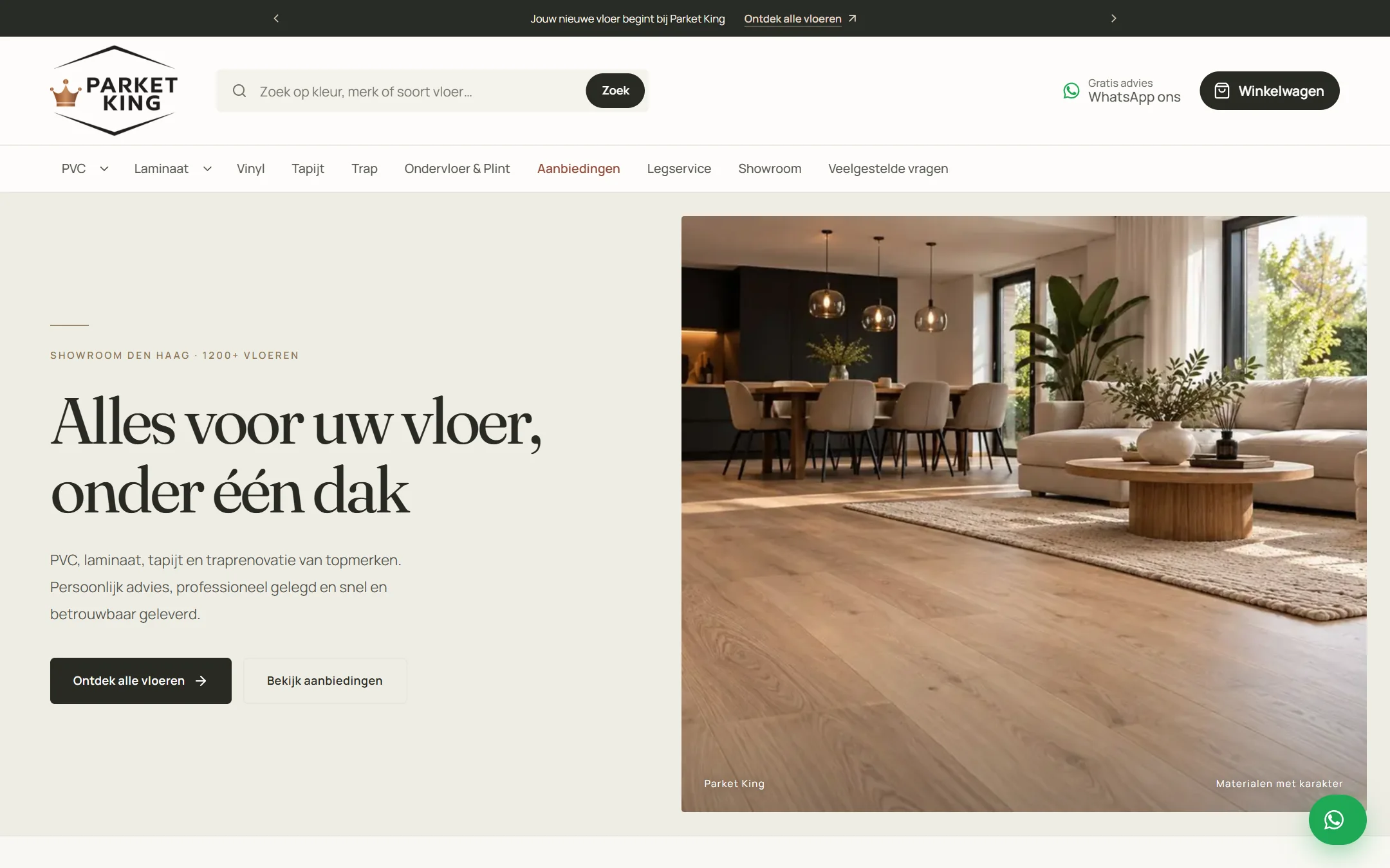 Parket King homepage: search bar, category menu and the headline 'Alles voor uw vloer, onder één dak' next to a living room with a wooden floor