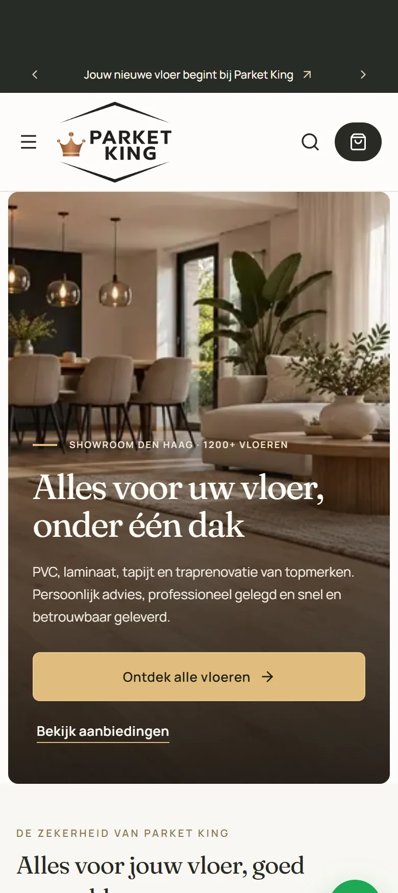 Mobile homepage of Parket King with the headline over a living-room photo and the button 'Ontdek alle vloeren'