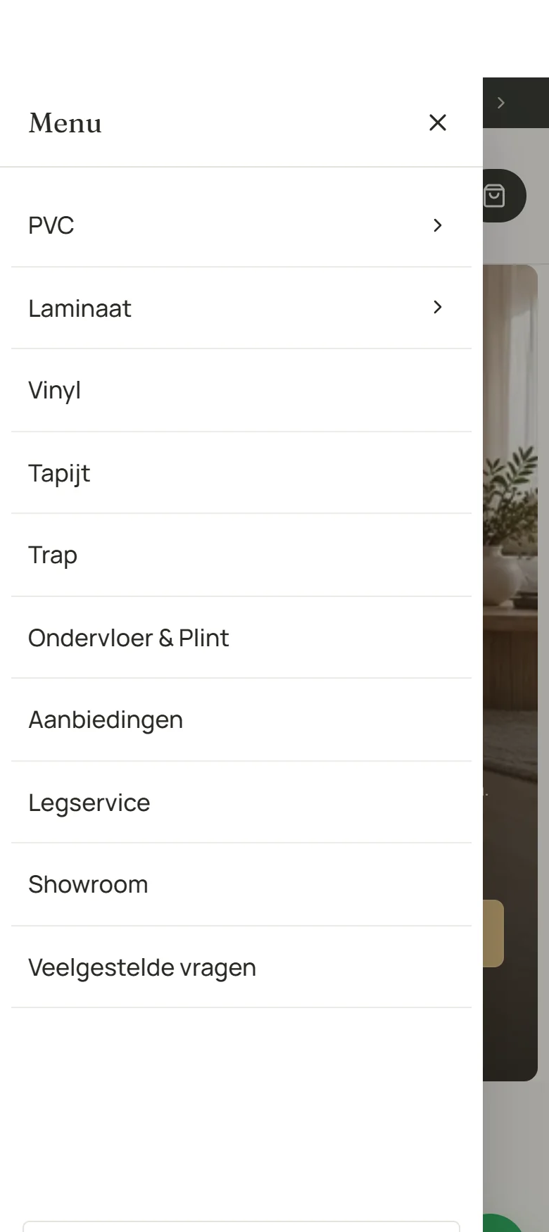 Open mobile menu of Parket King with the categories PVC, Laminaat, Vinyl, Tapijt, Trap and a call button