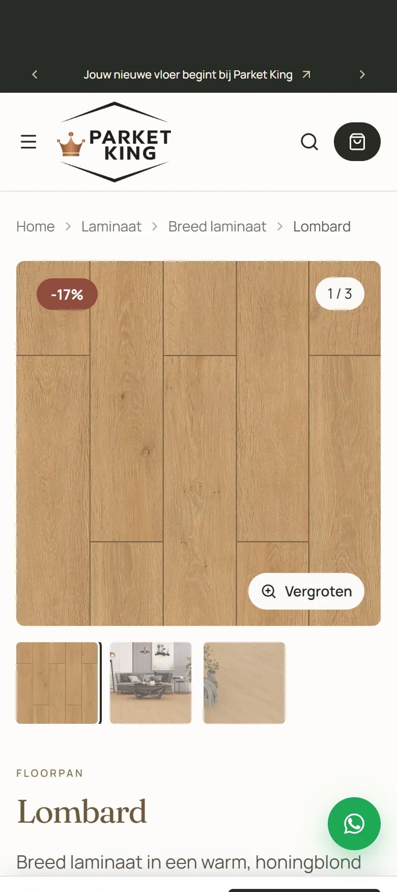 Mobile product page for the Lombard laminate floor with photo gallery, discount label, price per square metre and a 'Bereken prijs' button