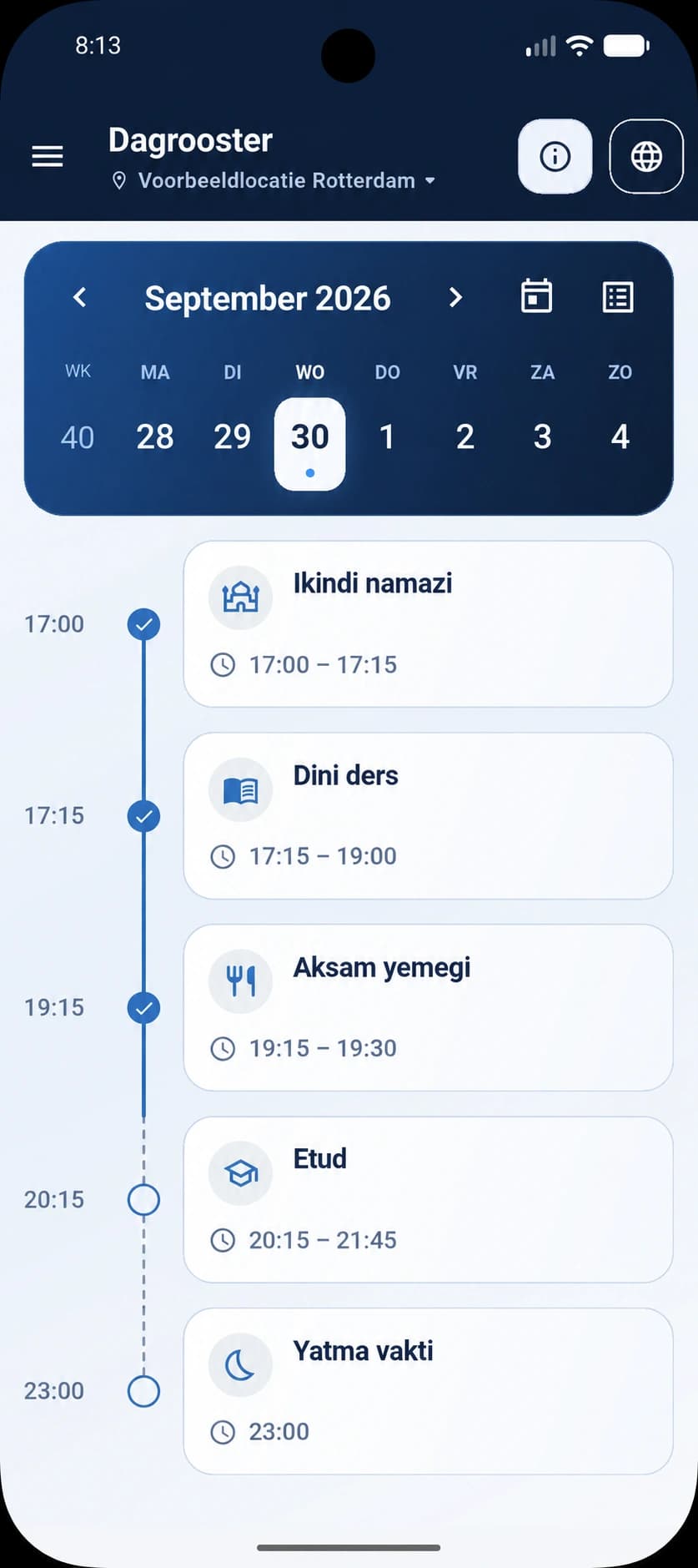 TGTS day programme as a timeline of activities