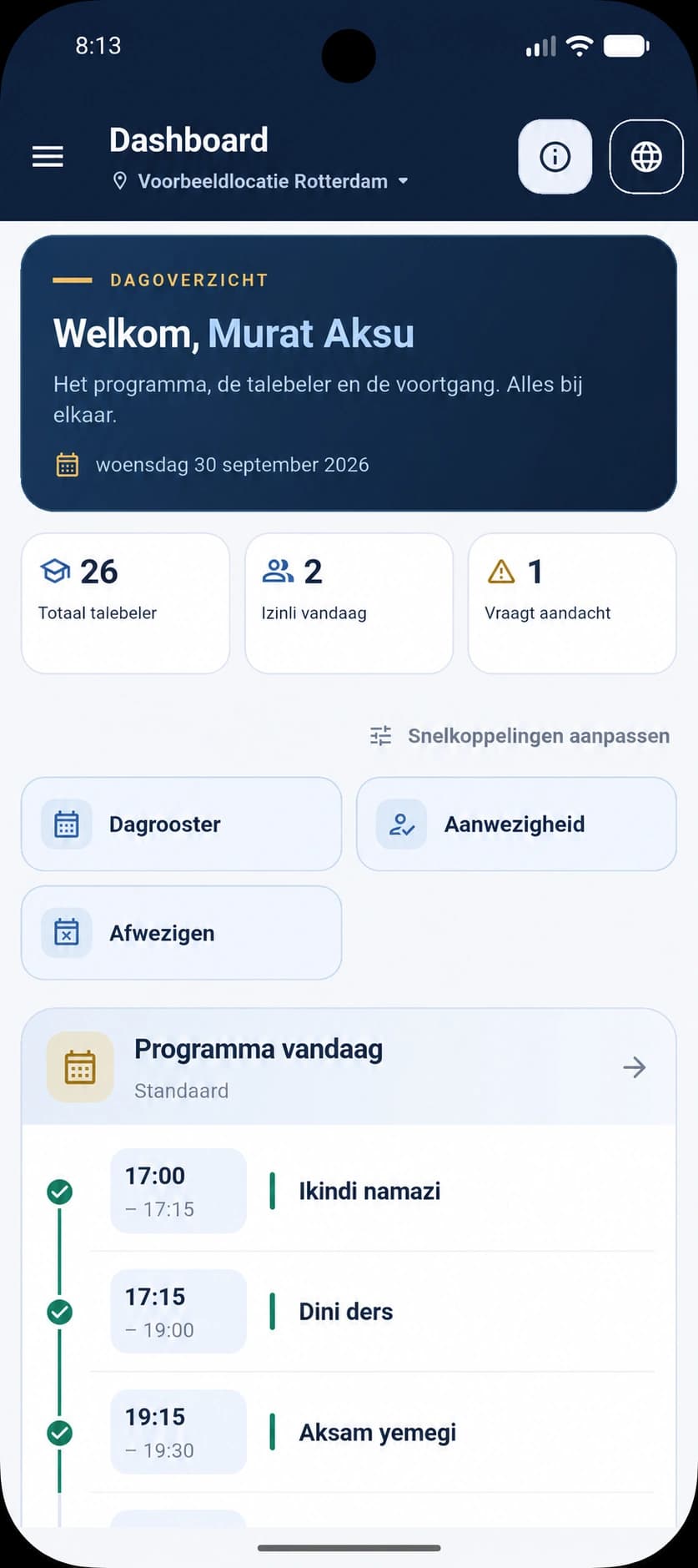 TGTS dashboard: day overview, number of students, absences and today's programme