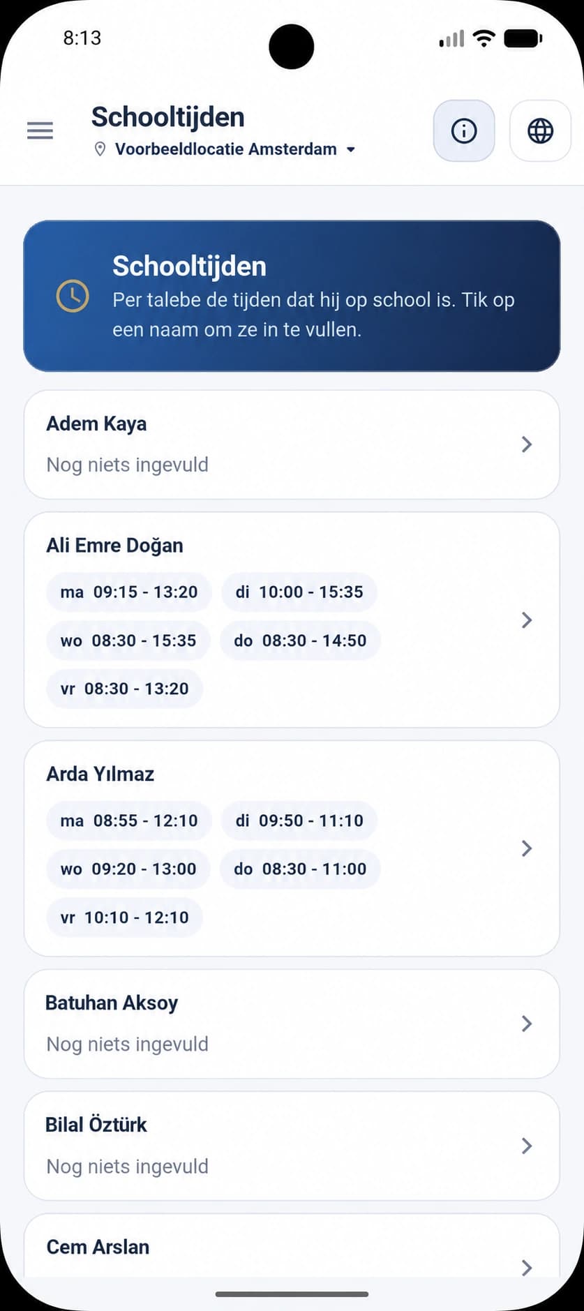 TGTS school times per student and weekday