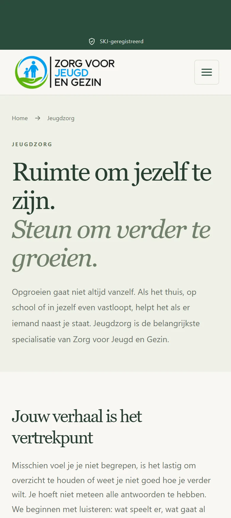 Mobile youth care page with the headline 'Ruimte om jezelf te zijn. Steun om verder te groeien.'